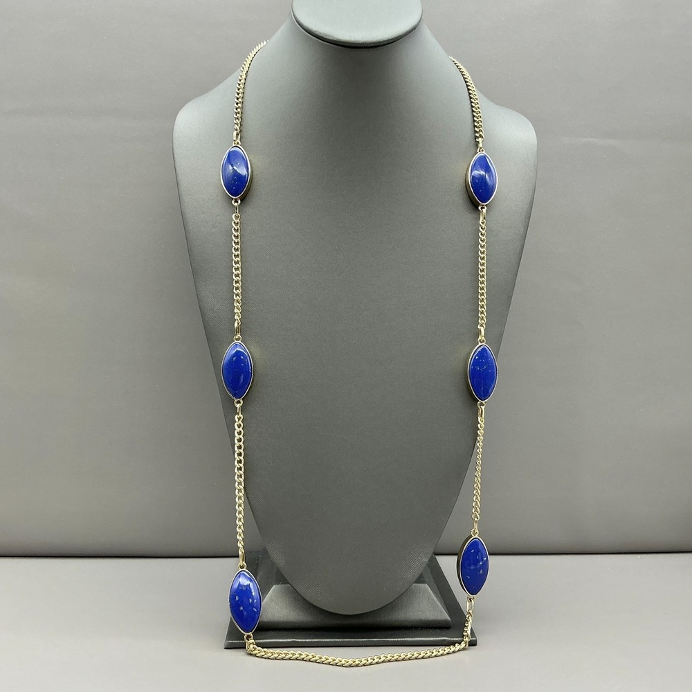Chico's Necklace Reversible Blue White Station Gold Tone Long Chain 34-36"
